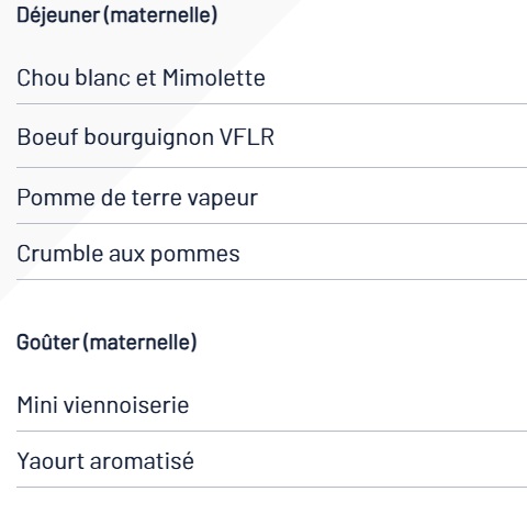 capture d'écran d'un menu servi dans les écoles rochelaises
